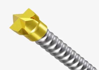 Close-up of a Minova SDA seamless hollow bar showing the rolled continuous R-thread that acts as drill string and reinforcement