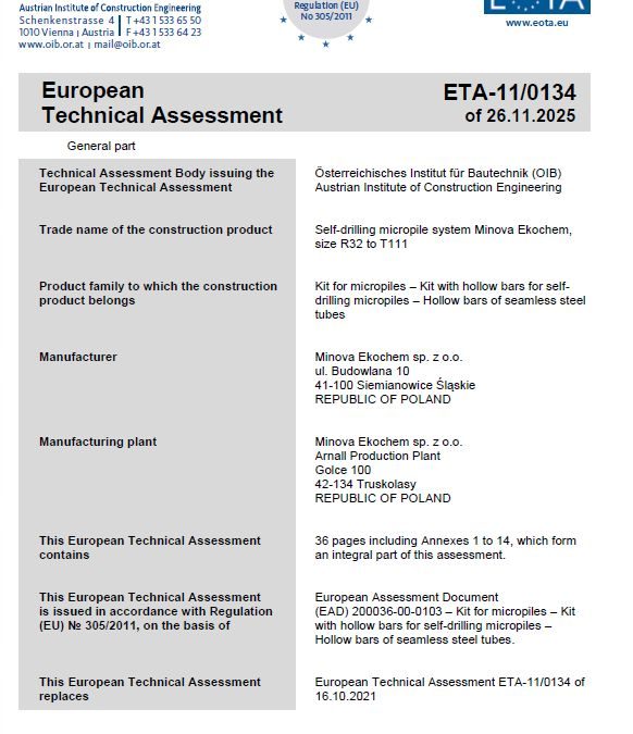 Minova Self Drilling Anchor systems have achieved CE certification for Micropile Applications