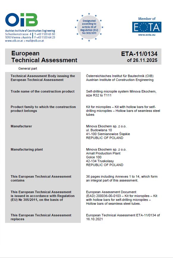 Minova Self Drilling Anchor systems have achived CE certification for Micropile Apllications
